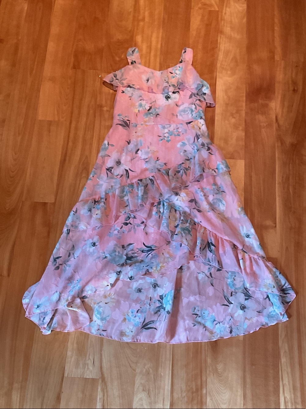 Macy's Pink Floral Layered Ruffle Maxi Dress